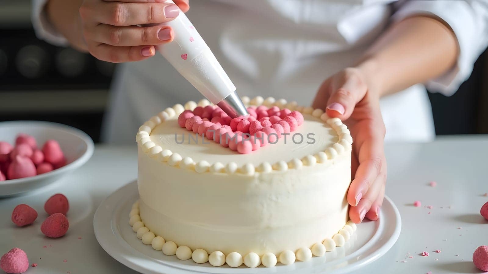 A close-up of hands decorating a cake with heart-shaped details using a piping bag, set in a bright white kitchen. High quality photo
