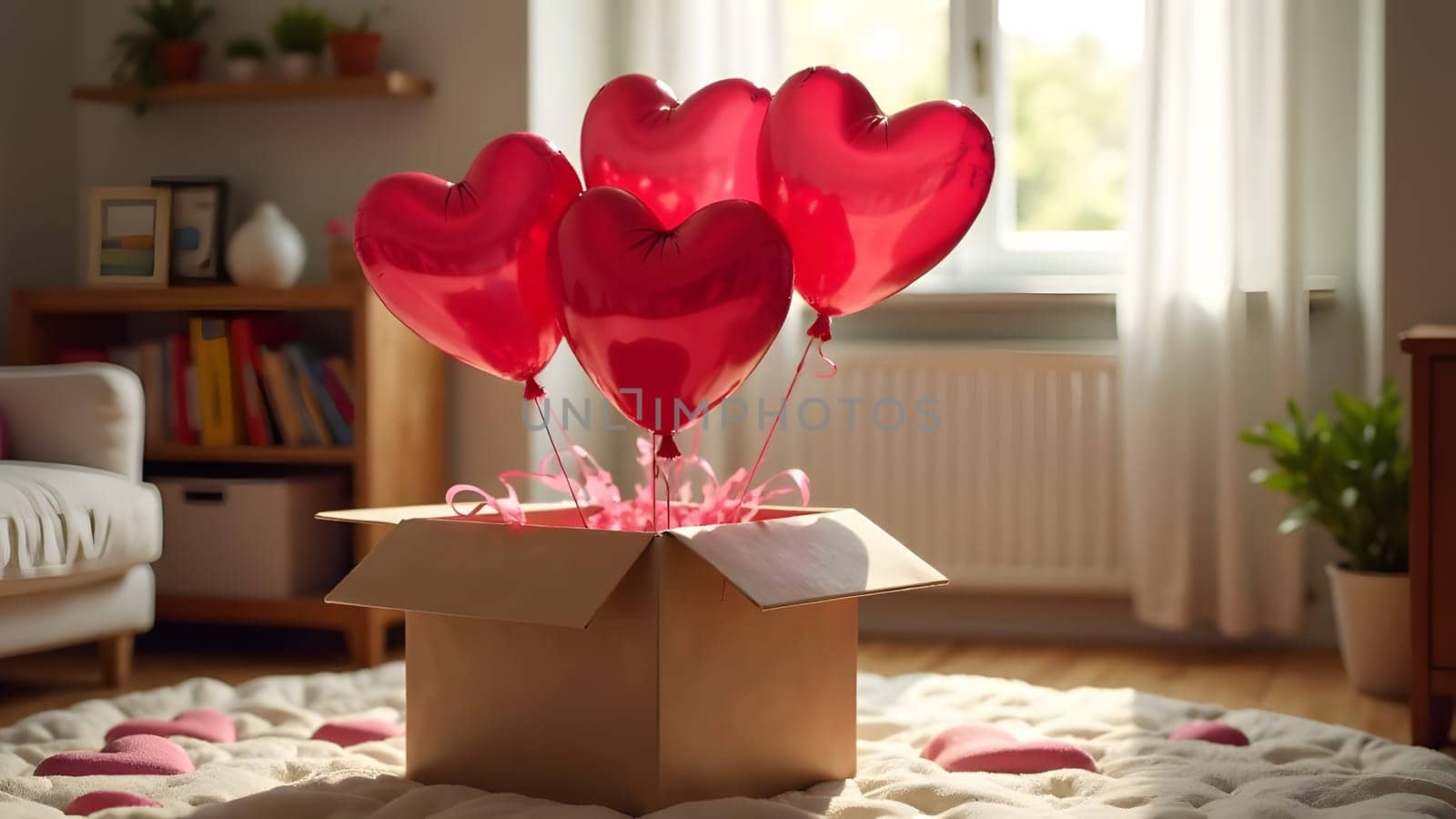 A surprise box bursts open, releasing heart-shaped balloons into a cozy, colorful childrens room. High quality photo