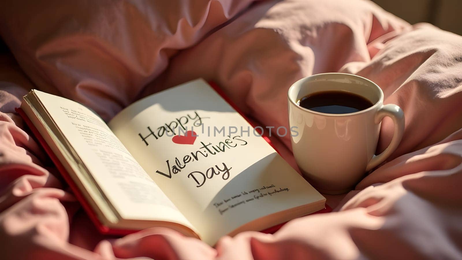 A warm bed with a book, a cup of coffee, and a Happy Valentines Day card, bathed in soft sunlight. High quality photo