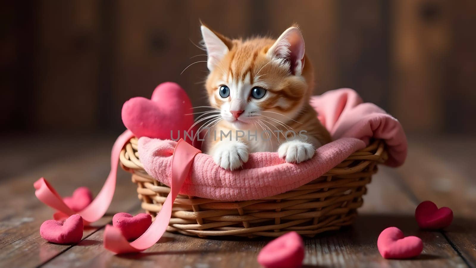 A kitten rests in a basket adorned with hearts and ribbons, placed on a wooden floor for a charming scene. High quality photo