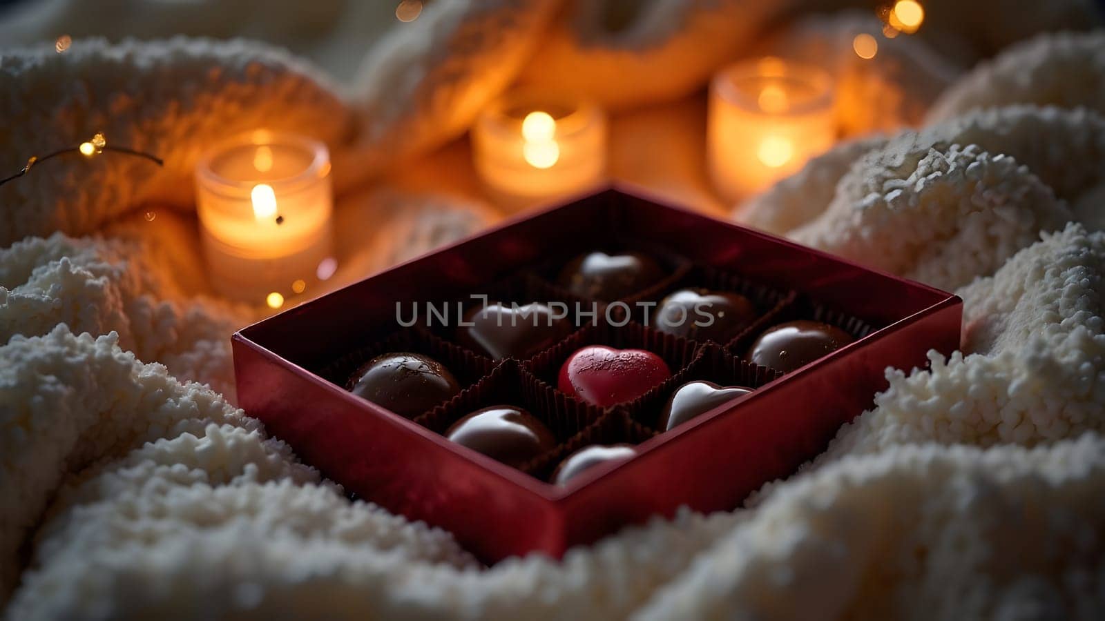 An open box of heart-shaped chocolates rests on a fluffy blanket, surrounded by fairy lights, creating a cozy vibe. High quality photo