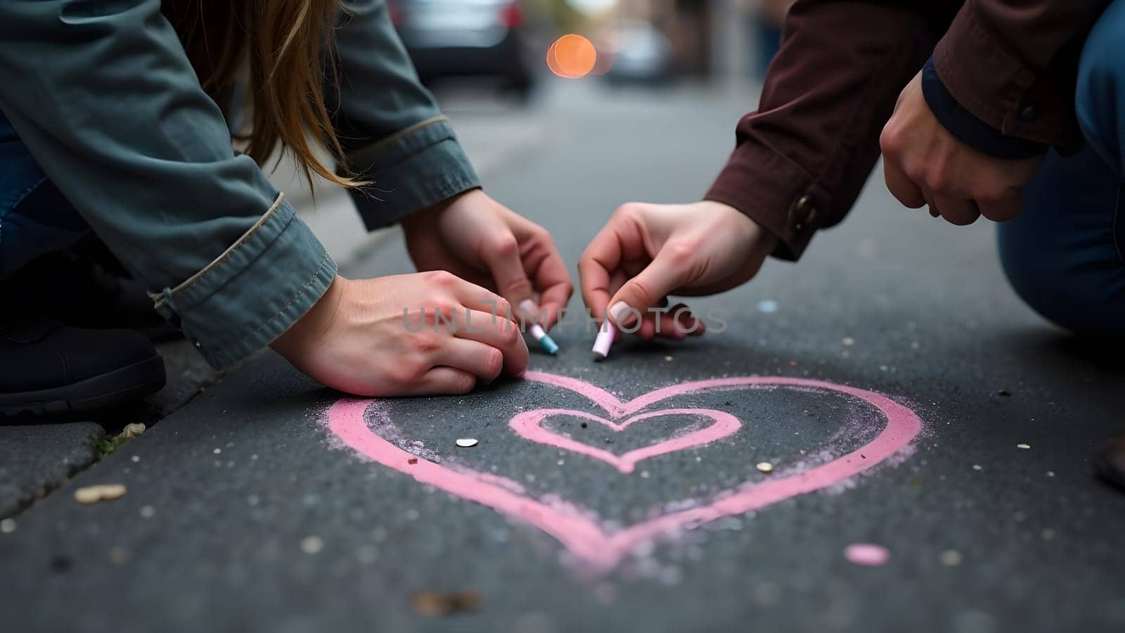 A couple draws colorful chalk hearts on a city sidewalk, spreading love and joy in an urban setting. High quality photo