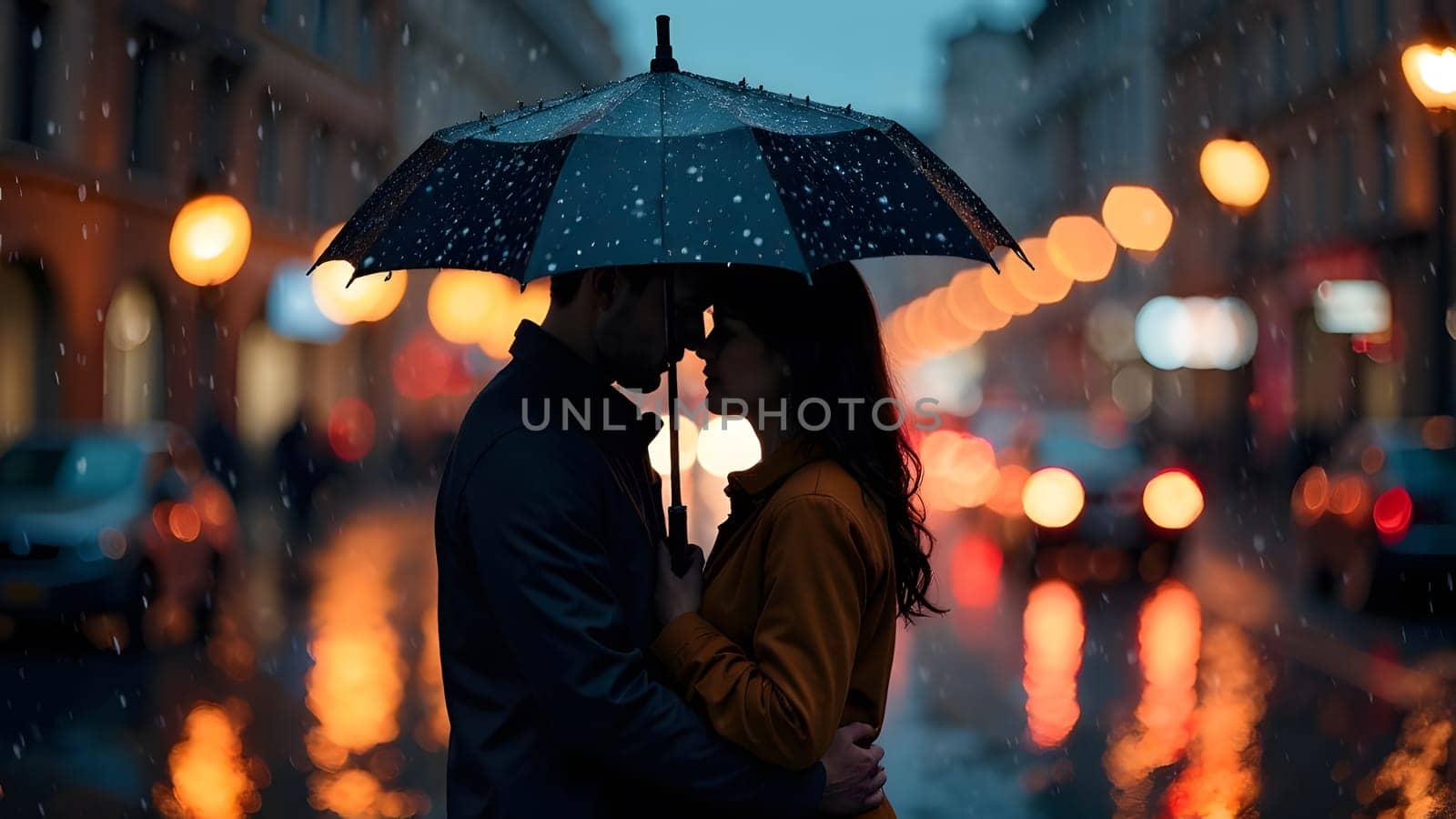 A couple embraces under an umbrella on a rainy evening, surrounded by blurred city lights, creating a romantic mood. High quality photo