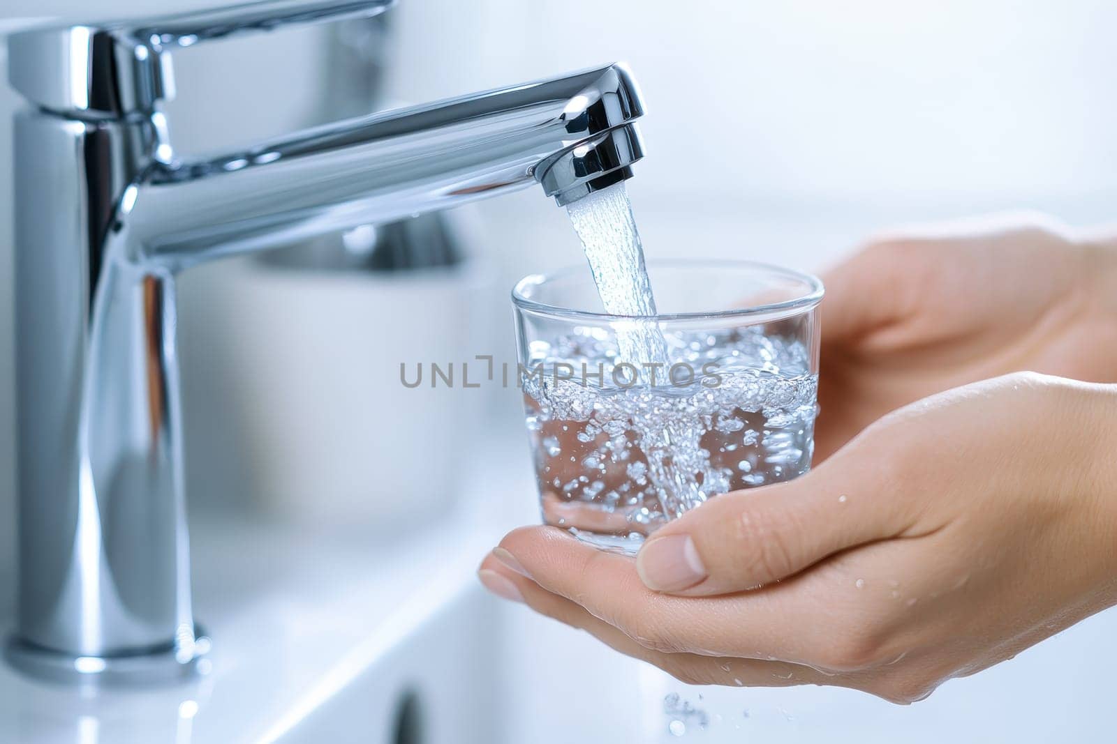 A person is holding a glass of water and the water is flowing out of a faucet. The person is likely filling up the glass with water to drink
