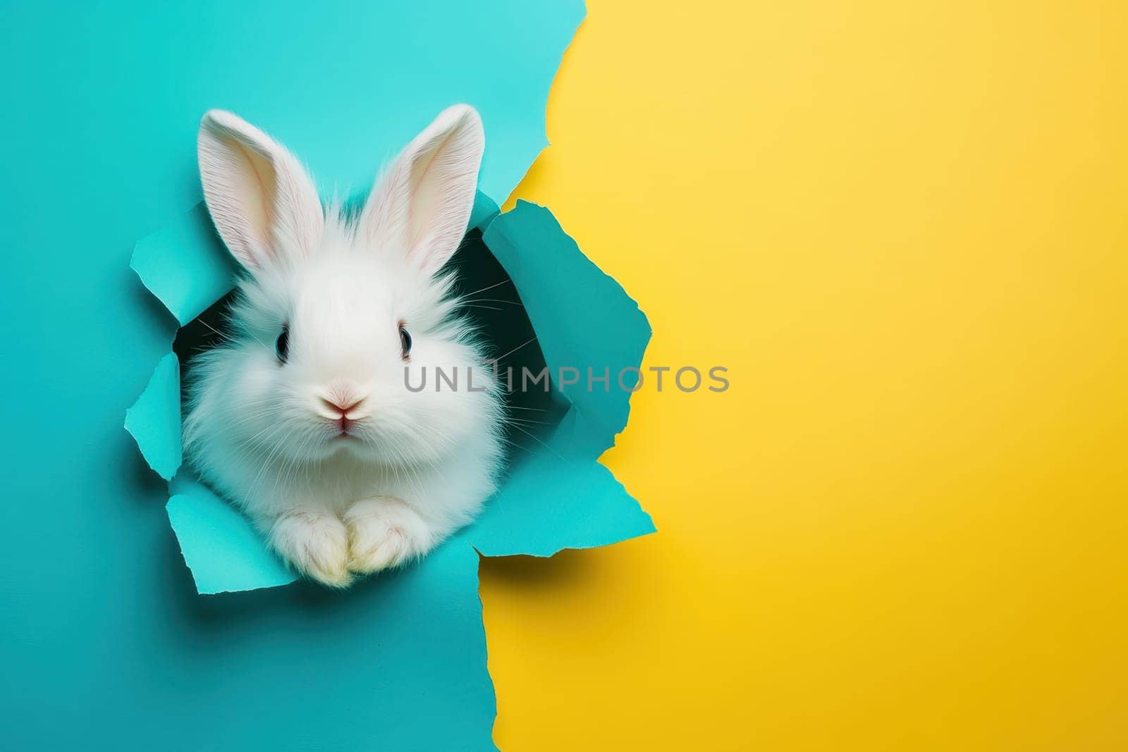 A white rabbit is peeking out from a hole in a blue background. The rabbit is looking at the camera, and the scene has a playful and curious mood