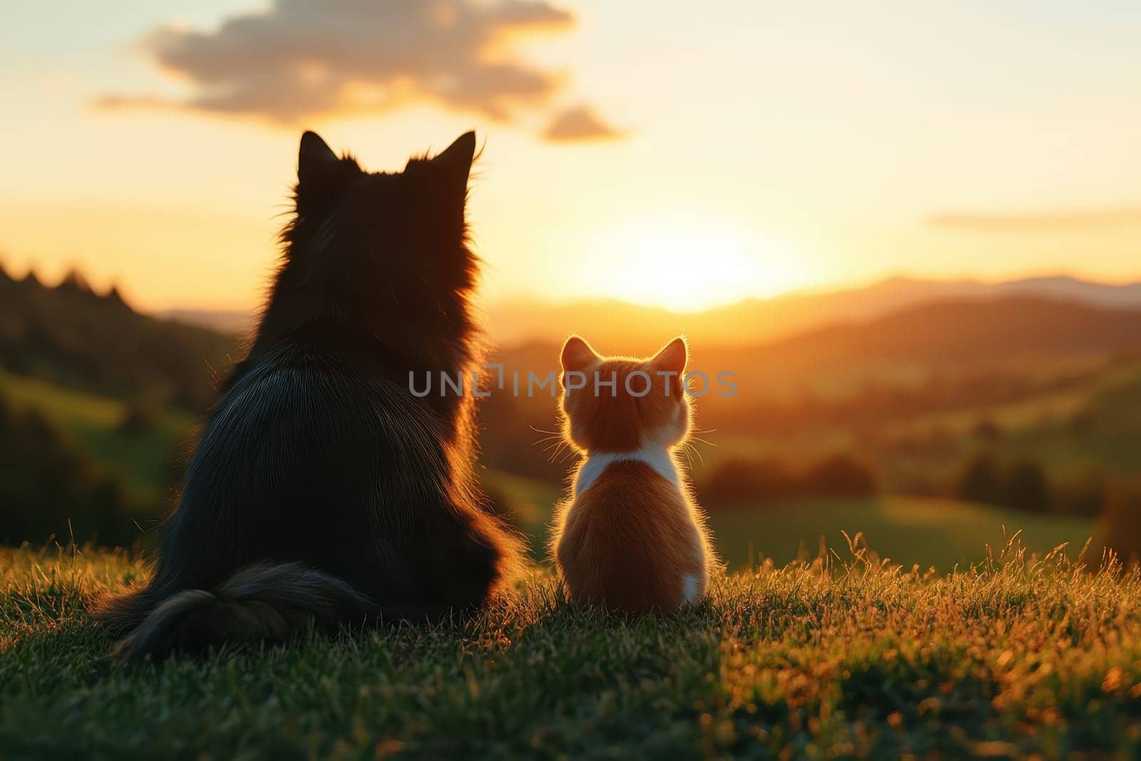 A dog and a cat are sitting on a grassy hillside, watching the sun set. The scene is peaceful and serene, with the two animals enjoying each other's company and the beauty of the natural surroundings