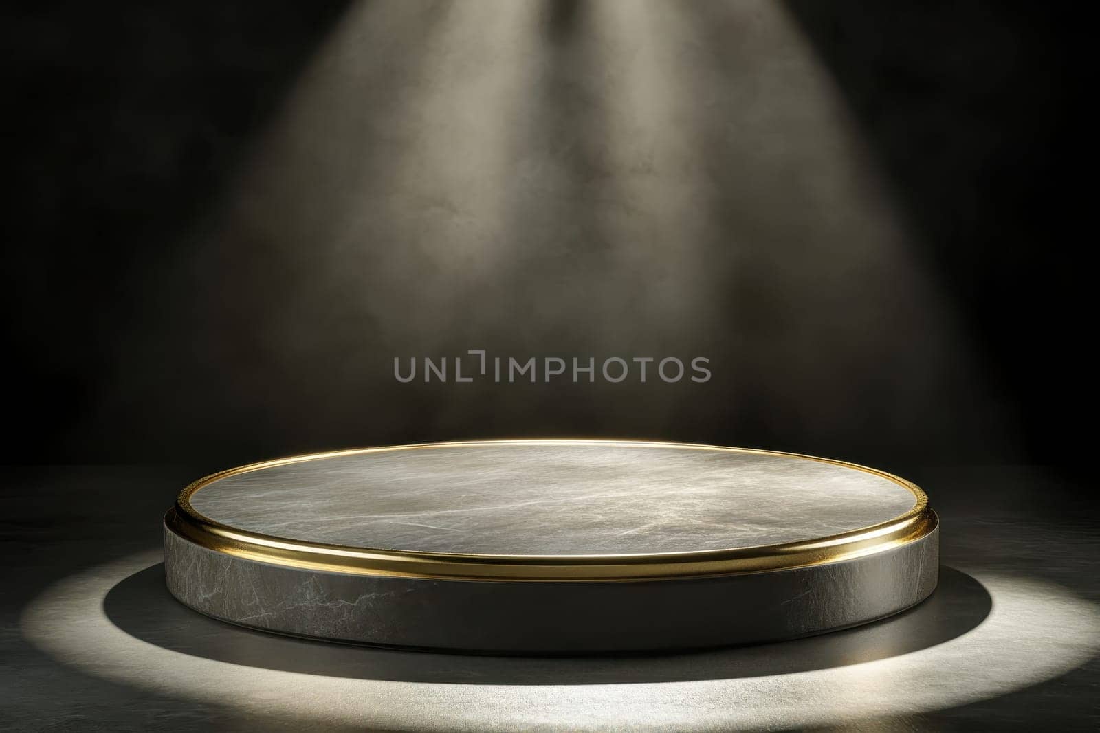 A large, round, gold and silver podium with a spotlight shining on it. The podium is empty and he is a stage for a performance or event. The spotlight emphasizes the podium
