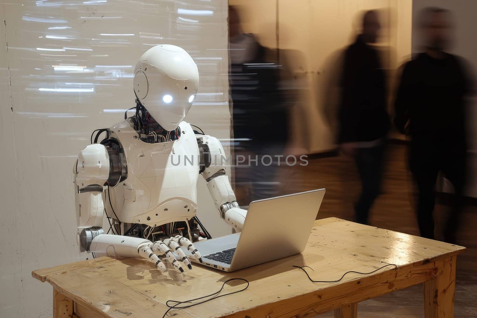A robot is sitting at a desk with a laptop in front of it. The robot appears to be working on the laptop, possibly typing or browsing the internet