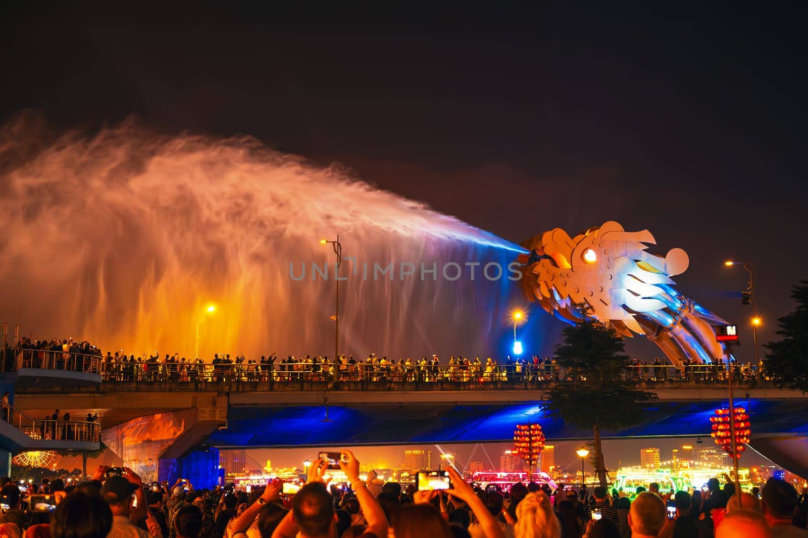 Fire and water show on the Cau rong Dragon Bridge in Da Nang in Vietnam at night