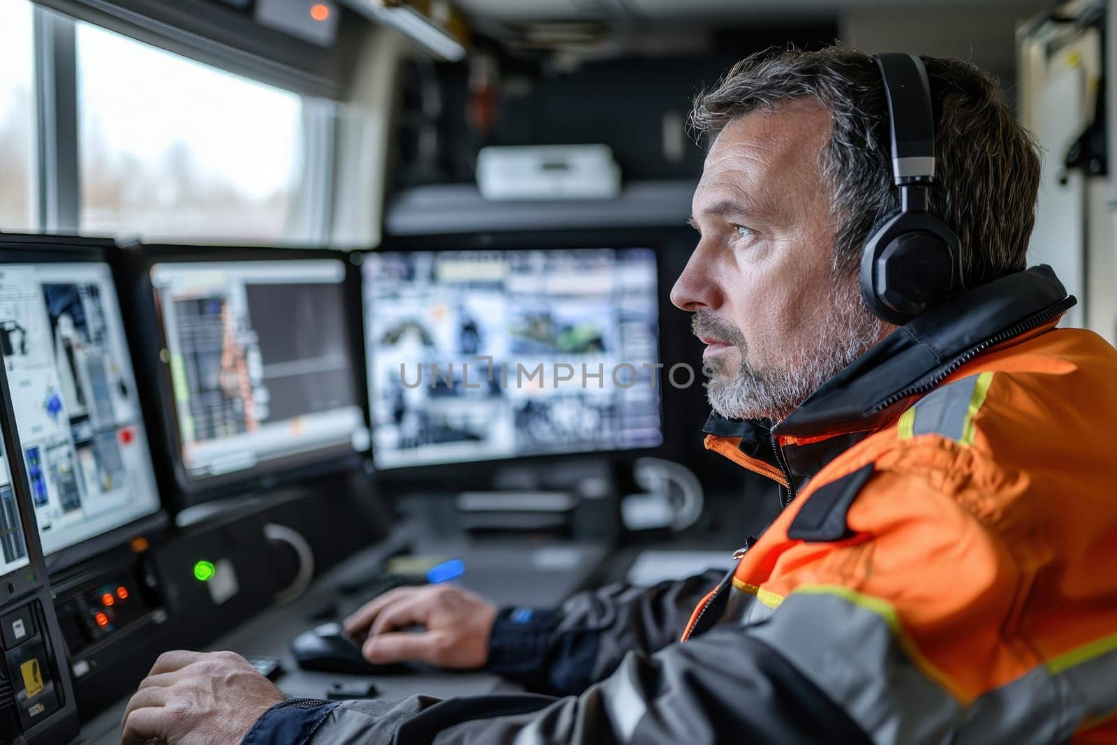 A man in an orange jacket is sitting in front of a computer monitor. He is wearing headphones and he is focused on his work