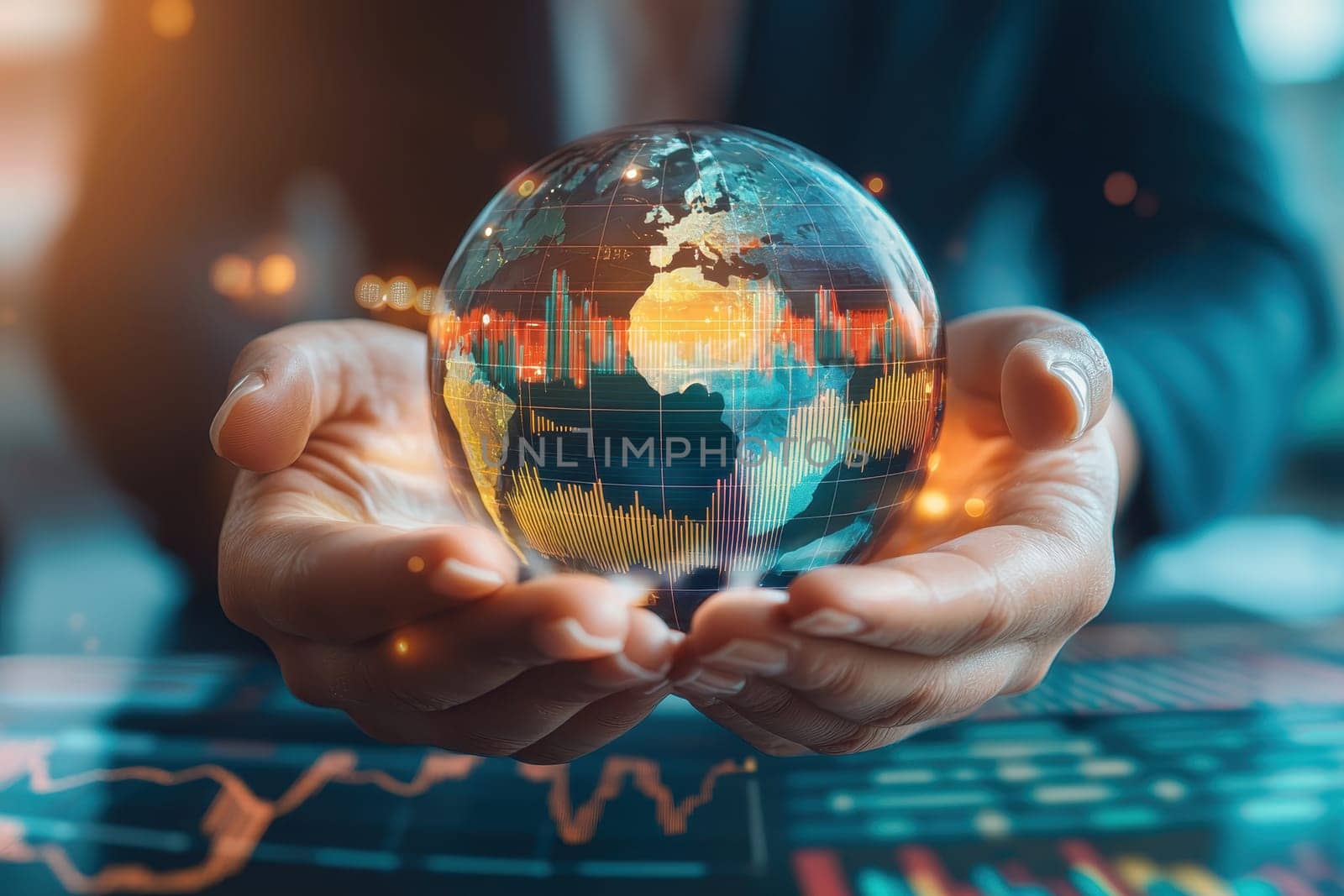 A person is holding a globe in their hand. The globe is surrounded by a lot of numbers and graphs, which suggests that it might be related to finance or economics