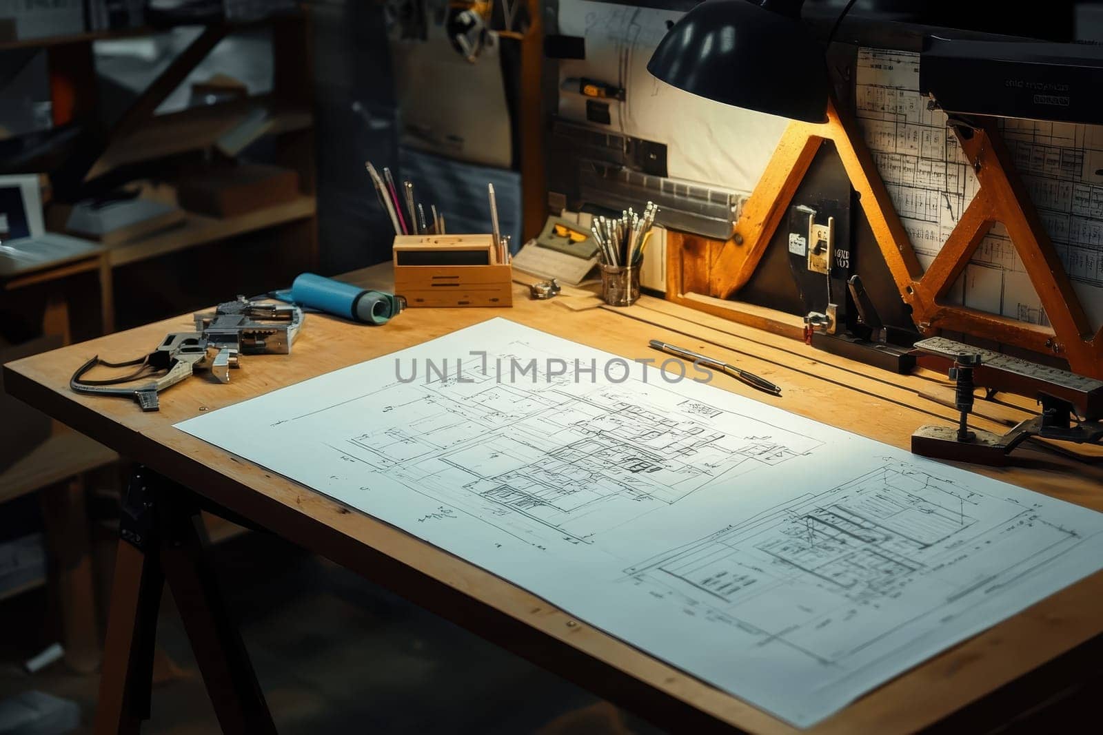 A desk with a drawing of a building on it and a ruler. The desk is cluttered with various items such as a pen, pencils, and a calculator. Scene is that of a busy workspace