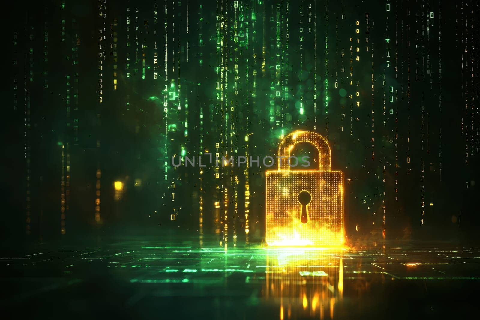 A golden lock is displayed on a green background. The lock is surrounded by a series of glowing lines, giving the impression of a futuristic, high-tech security system. Concept of advanced technology