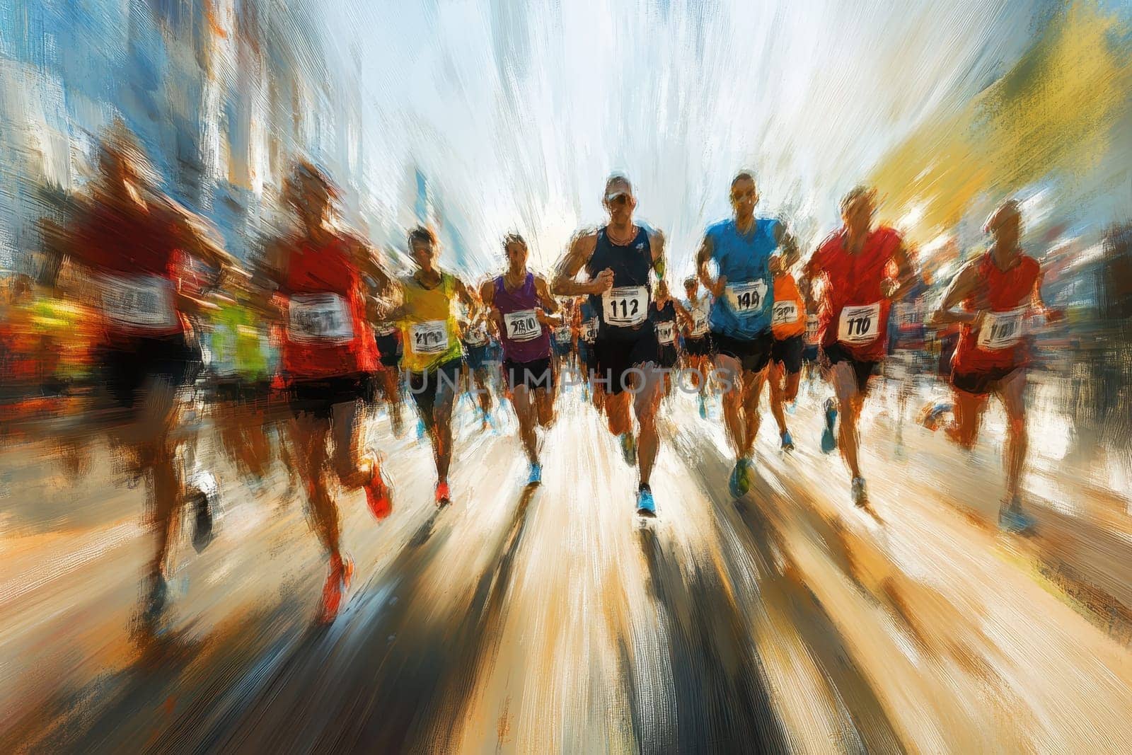 A group of runners are running a race, with the number 117 in the foreground. The image is blurry and has a sense of motion, giving the impression of a fast-paced race