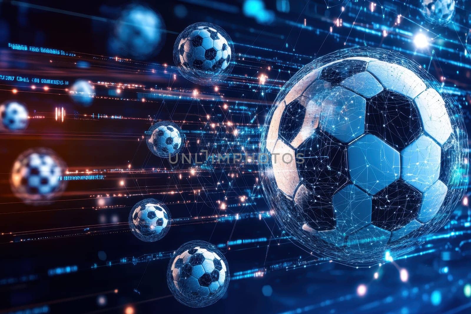 A soccer ball is surrounded by many other soccer balls in a digital image. The image has a futuristic and abstract feel to it, with the soccer balls appearing to be floating in a web of lines