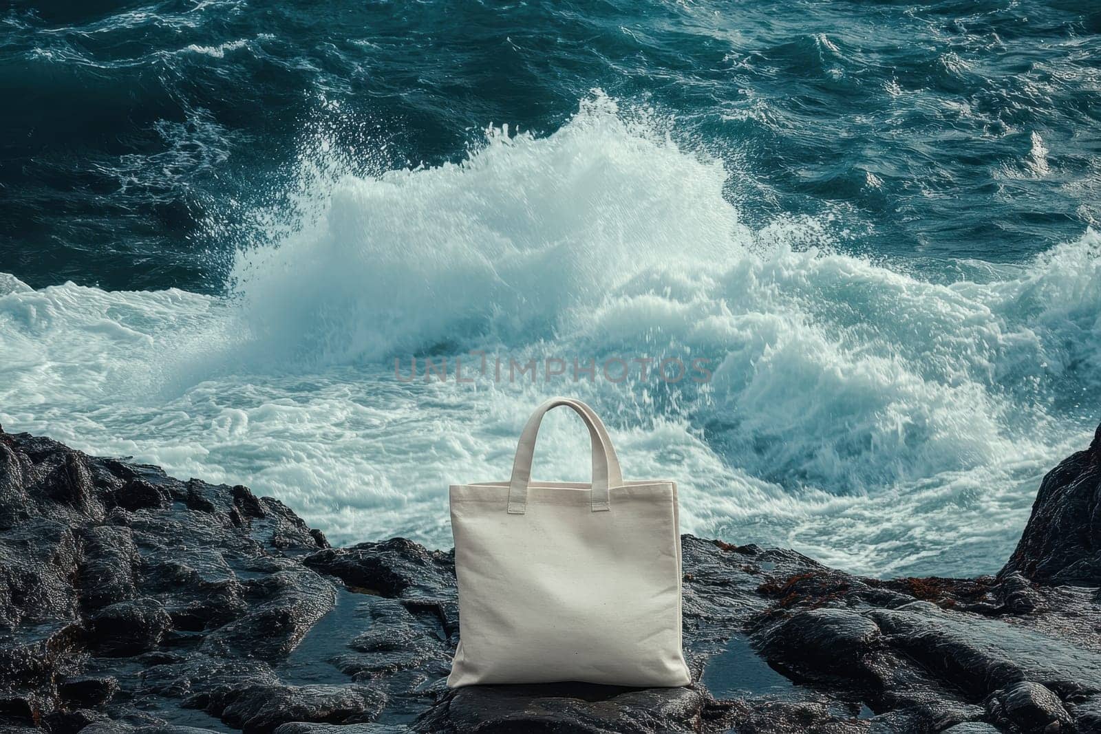 A white canvas bag is sitting on a rocky shoreline next to the ocean. The bag is empty and the ocean is rough and choppy. Concept of solitude and tranquility