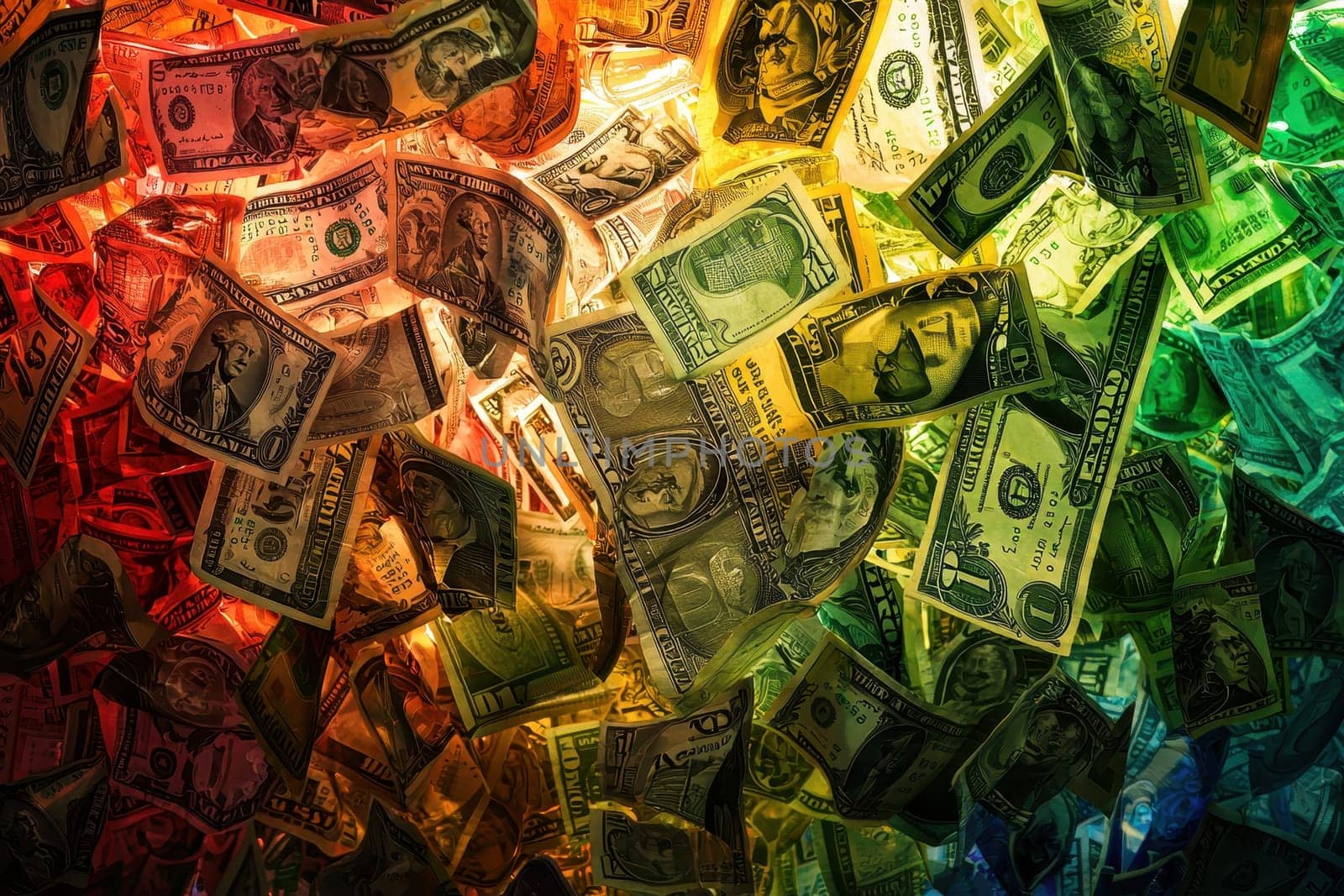 A colorful pile of money with a rainbow background. The money is in various denominations and colors, and the background is a mix of bright and dark hues. Concept of abundance and wealth