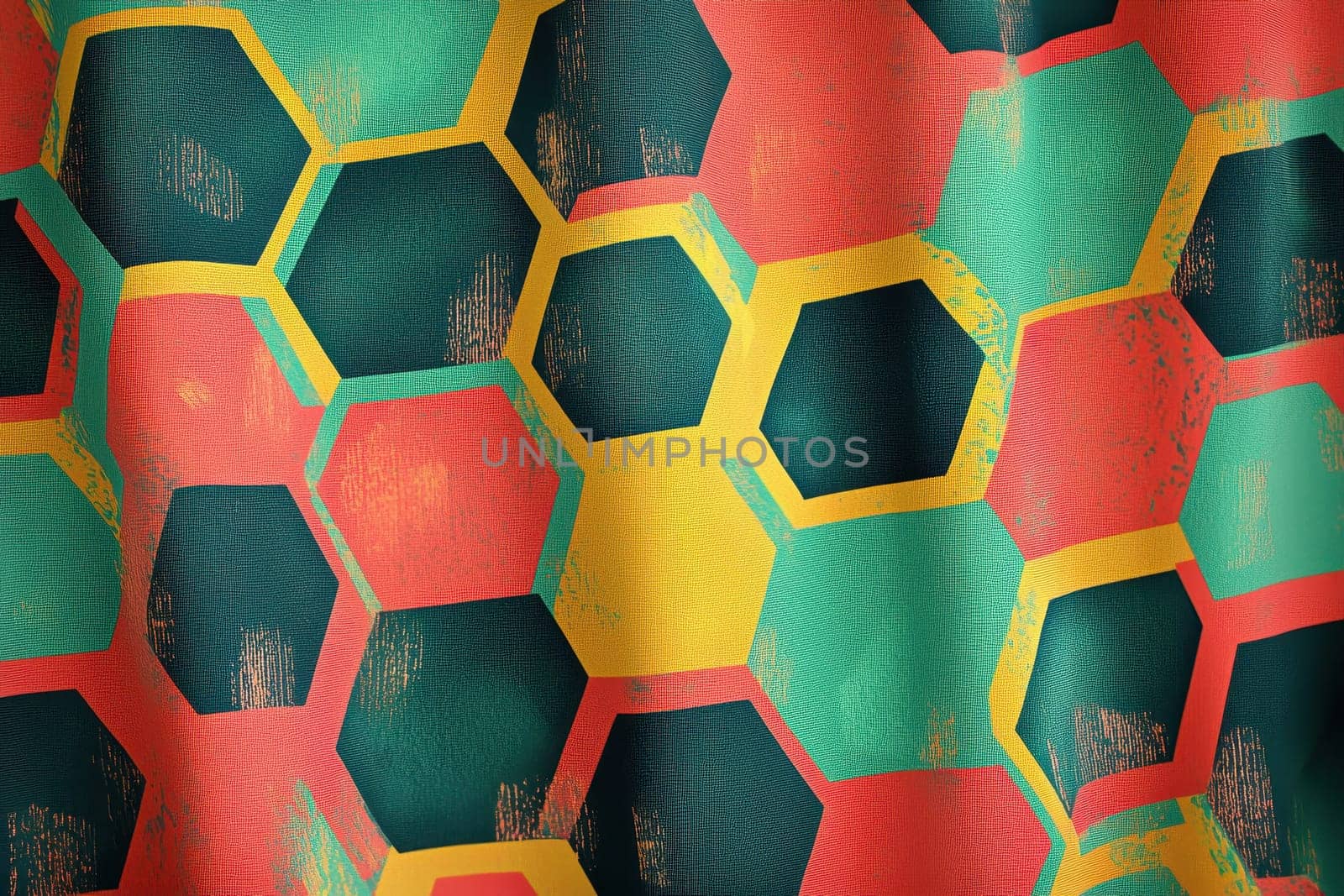 A colorful pattern of hexagons is displayed on a screen. The colors are bright and bold, creating a lively and energetic mood. The pattern is made up of various shades of red, yellow, and green