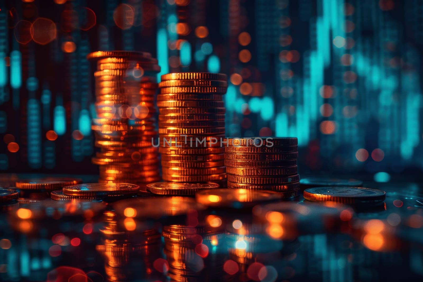 Stacks of gold coins on a futuristic blue background. saving for concept investment..