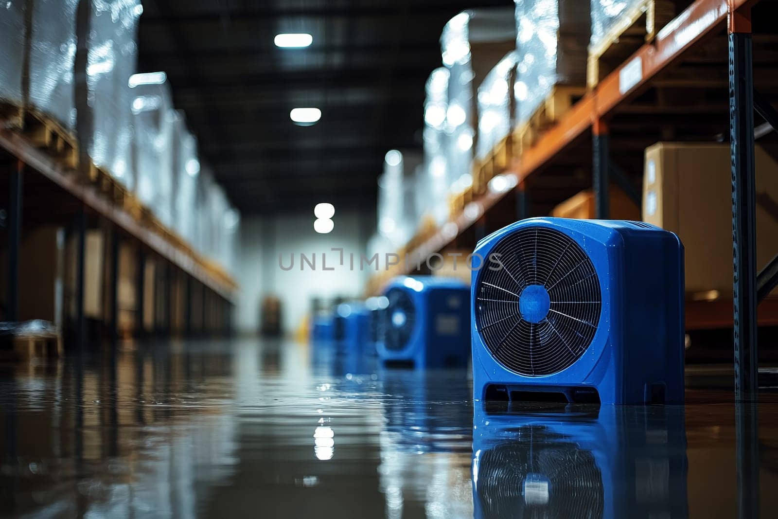 Industrial fan in a warehouse with a wet floor, cleanup, and pavement dried out..