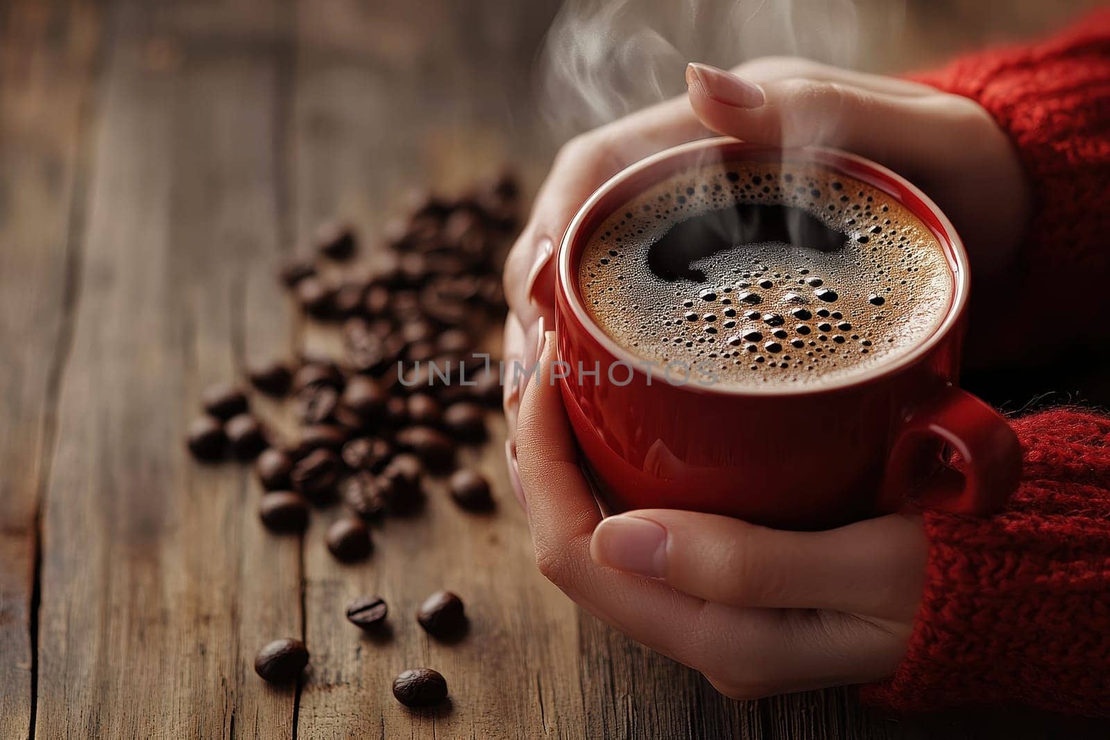 woman hands holding a cup of coffee on wooden table with coffee beans background..