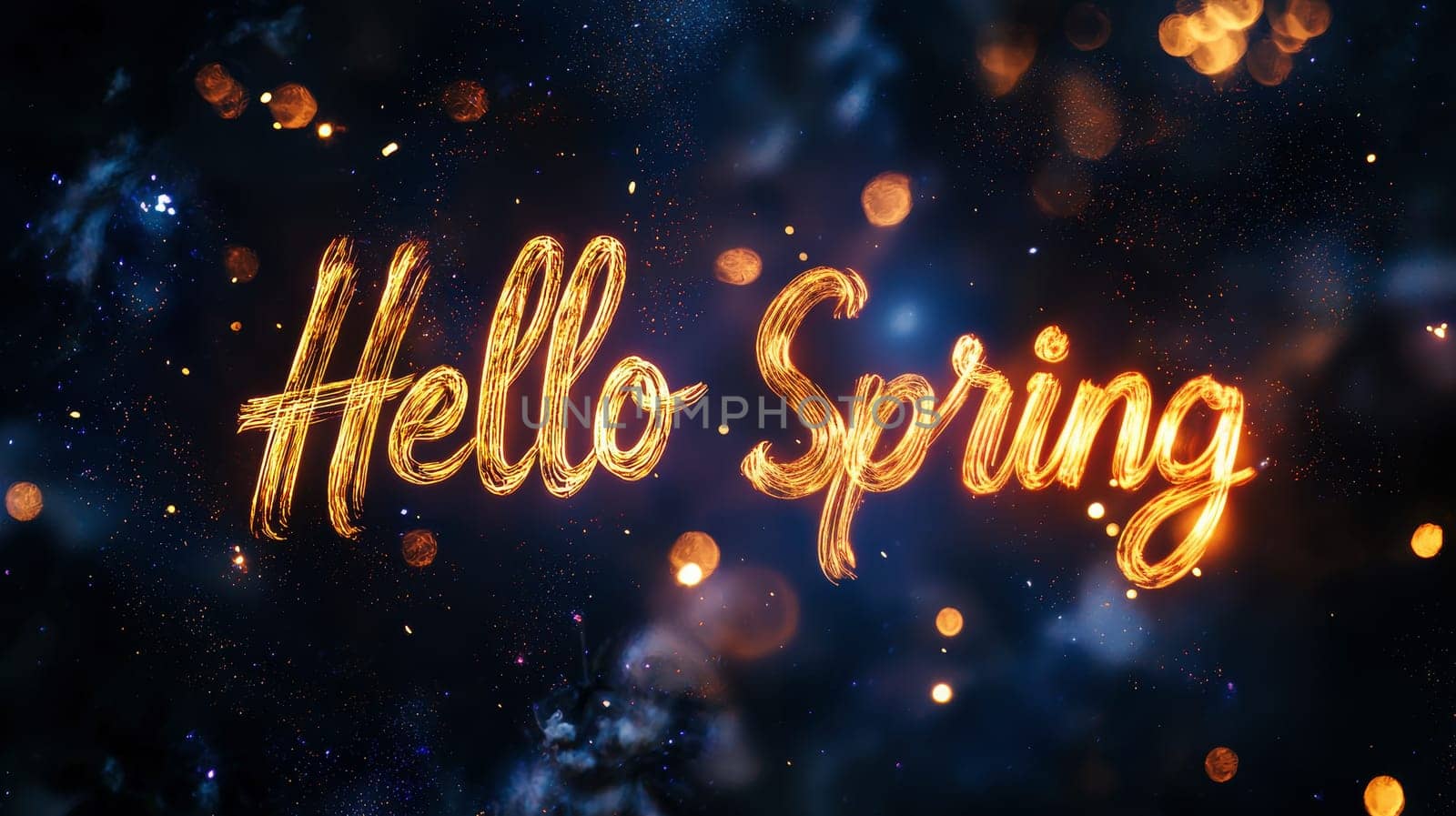hello spring text sign, set against a breathtaking cosmic flowers nebula filled with space for text. greeting card concept. High quality illustration