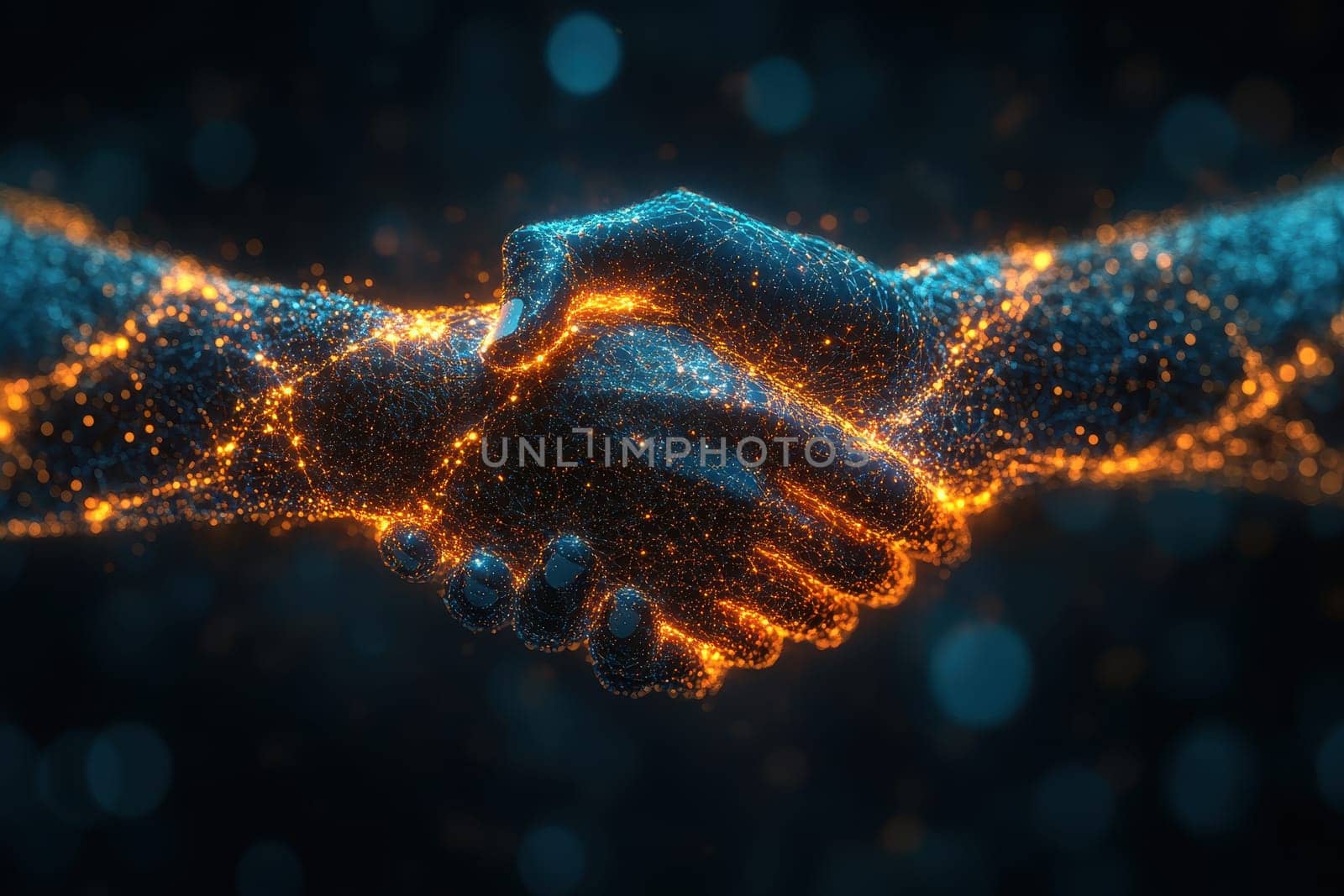 digital ai hand shaking integration between human and artificial intelligence..