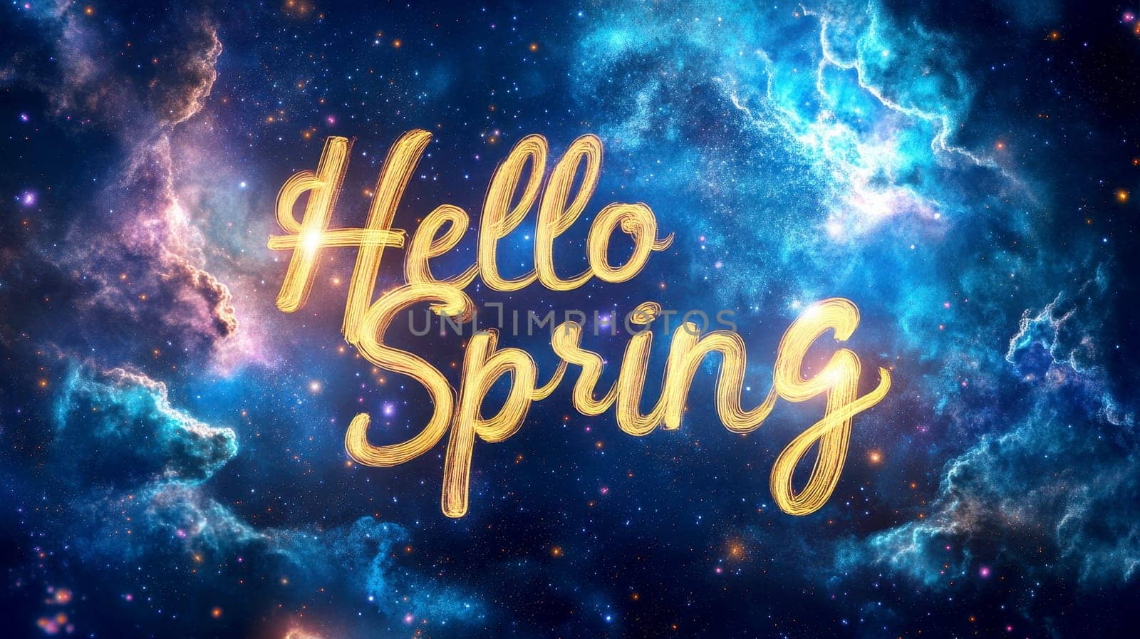 hello spring text sign, set against a breathtaking cosmic flowers nebula filled with space for text. greeting card concept.