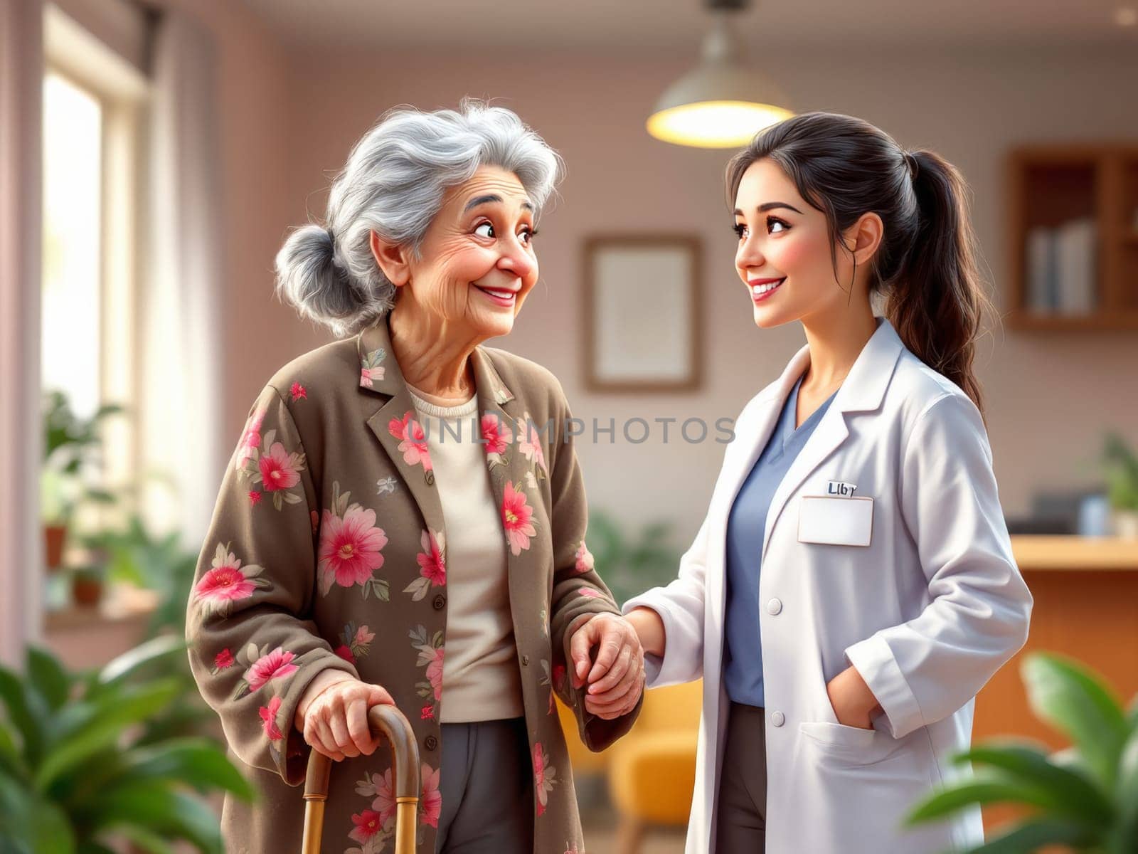 A young caregiver provides assistance to a smiling elderly woman using a cane. The scene is set in a cozy, well-lit home, suggesting care and well-being.