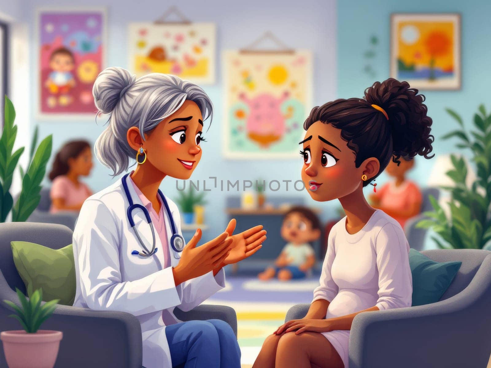 A kind doctor sits with a pregnant patient in a comfortable waiting room, offering support and medical guidance. The atmosphere is warm and inviting.