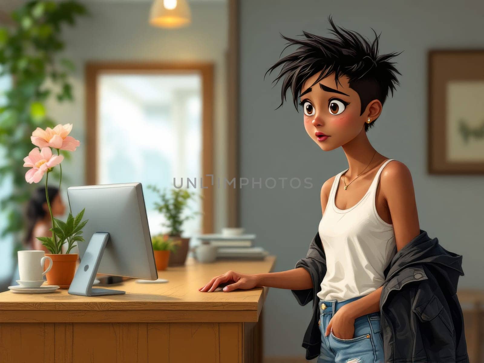A stylized illustration of a young woman, looking pensive, leaning on a counter with a computer screen and plants nearby. She is dressed in casual attire, wearing a tank top and a denim skirt.