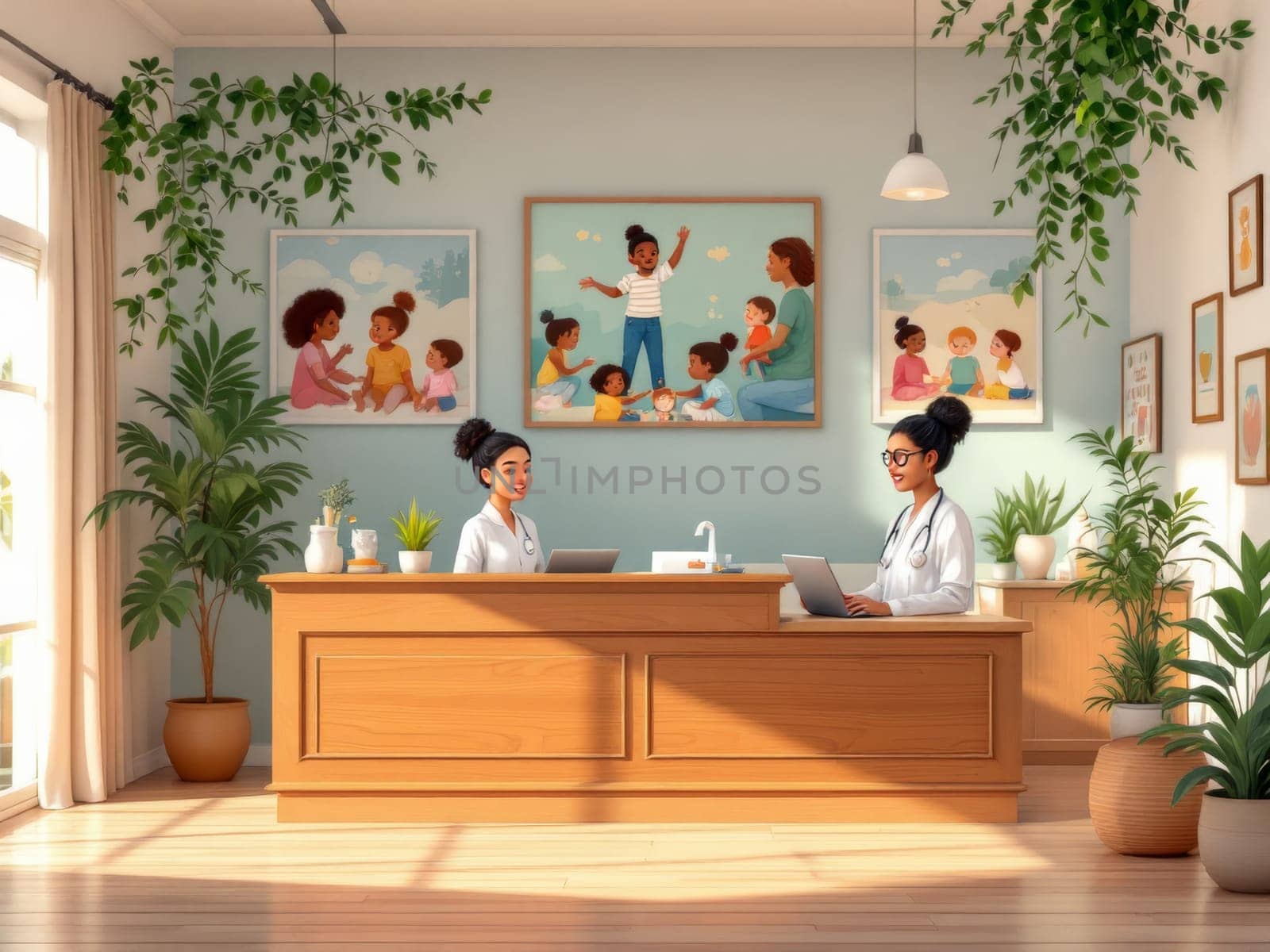 A cheerful pediatric clinic interior features smiling doctors at the reception desk. Sunlight streams in, illuminating plants and artwork of diverse children playing. A warm and inviting atmosphere.