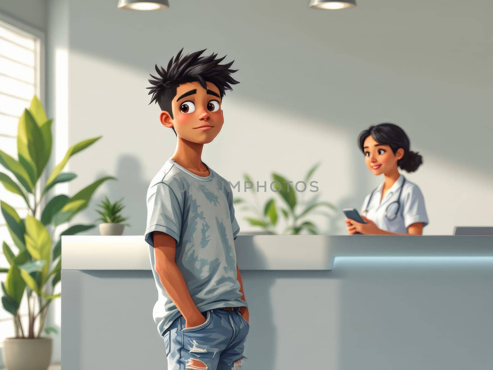 A cartoon illustration of a young boy at a healthcare facility's reception desk. A woman in a white coat is at the desk, assisting him. The atmosphere is calm and welcoming.