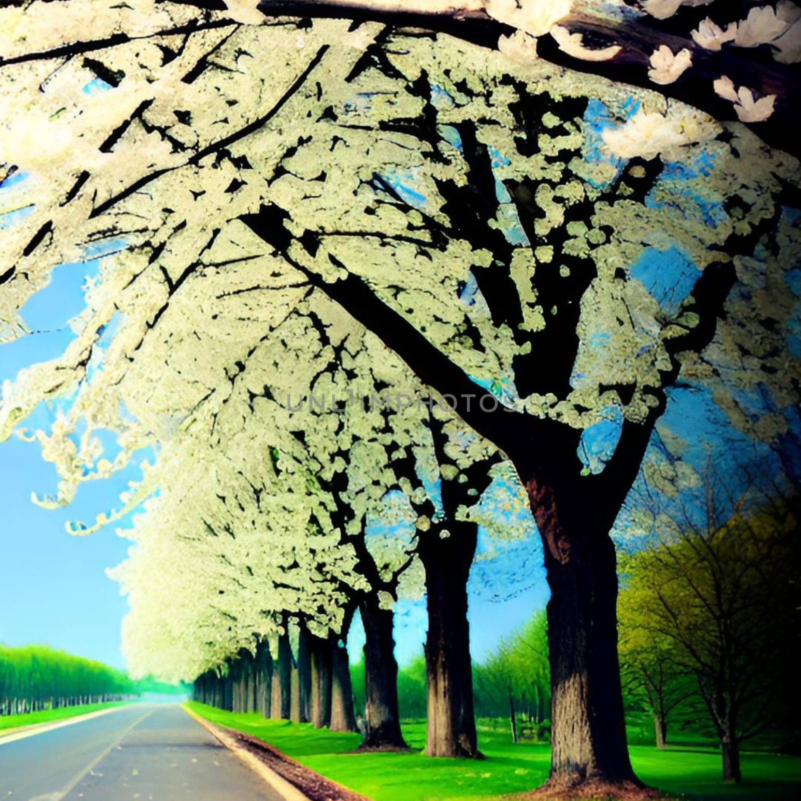 spring, white flowering trees nature park forest plants flora alt generate ai. High quality illustration