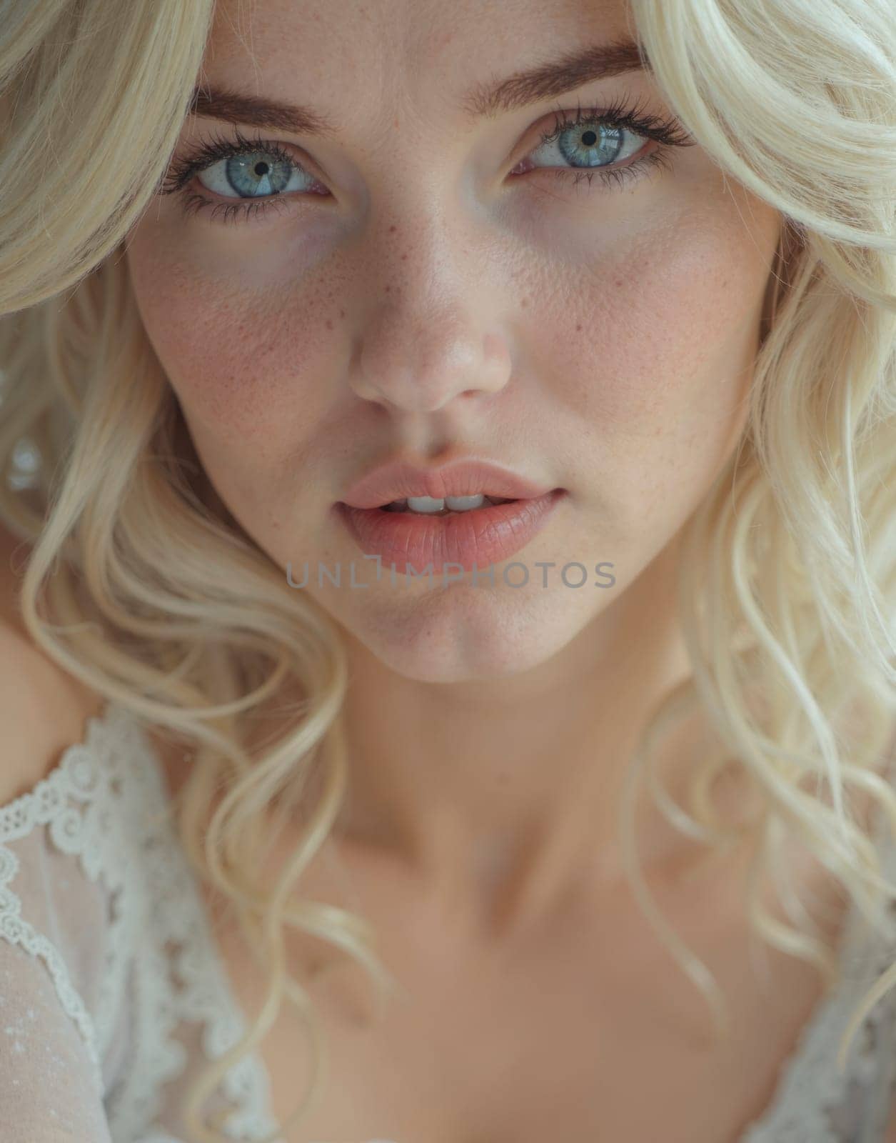A blonde woman with blue eyes and a light blue shirt is standing in front of a camera. She has a light blue shirt on and her hair is styled in loose curls. She has a warm