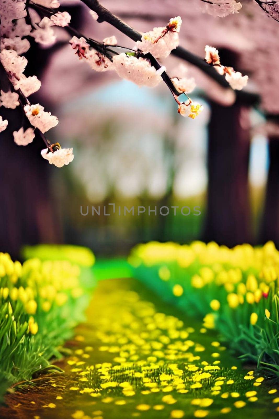 spring nature yellow flowers pink tree forest park generated alt. High quality illustration landscape background summer