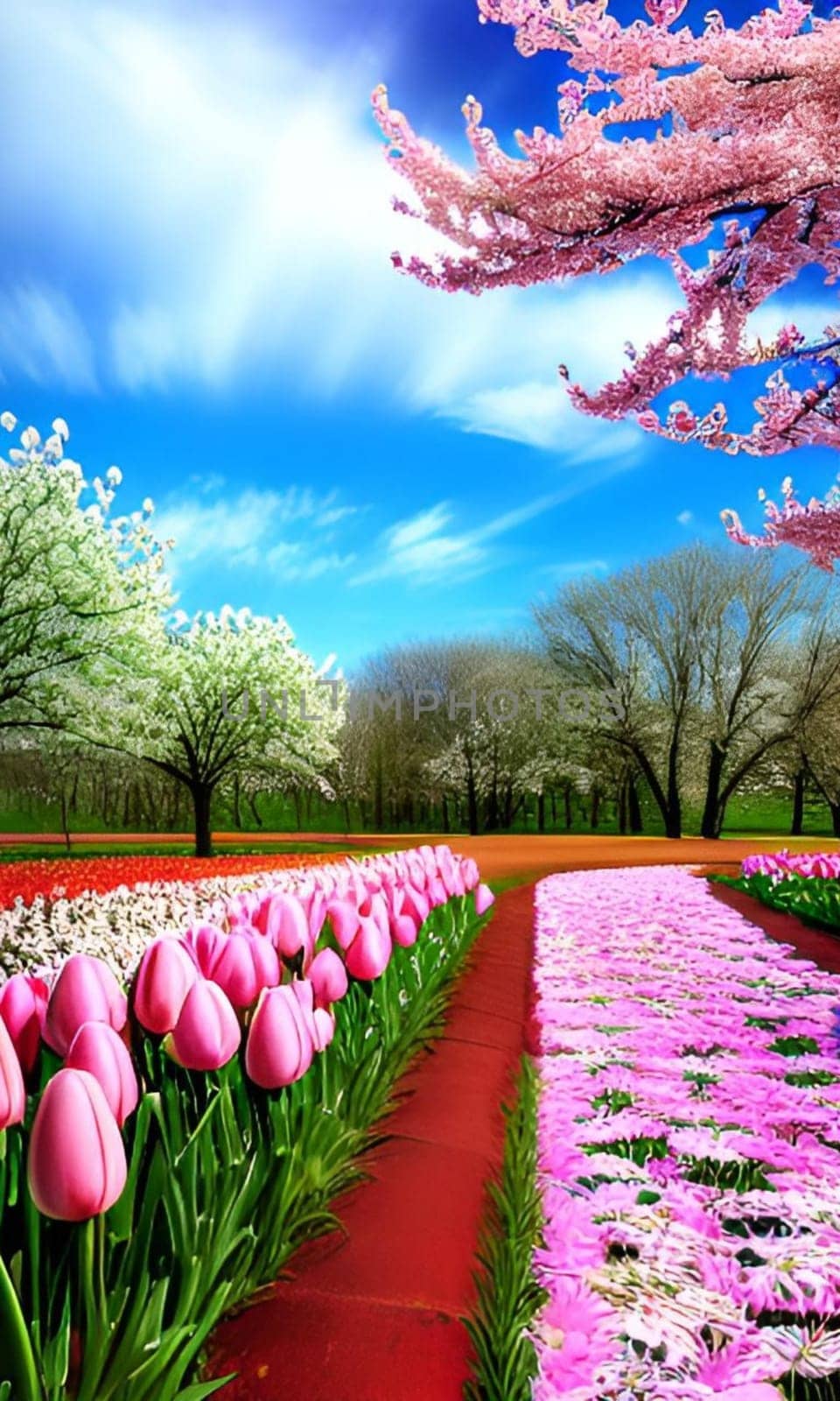 pink tulips blue sky flowers spring tree nature forest background landscape alt generated beauty postcard. High quality illustration garden