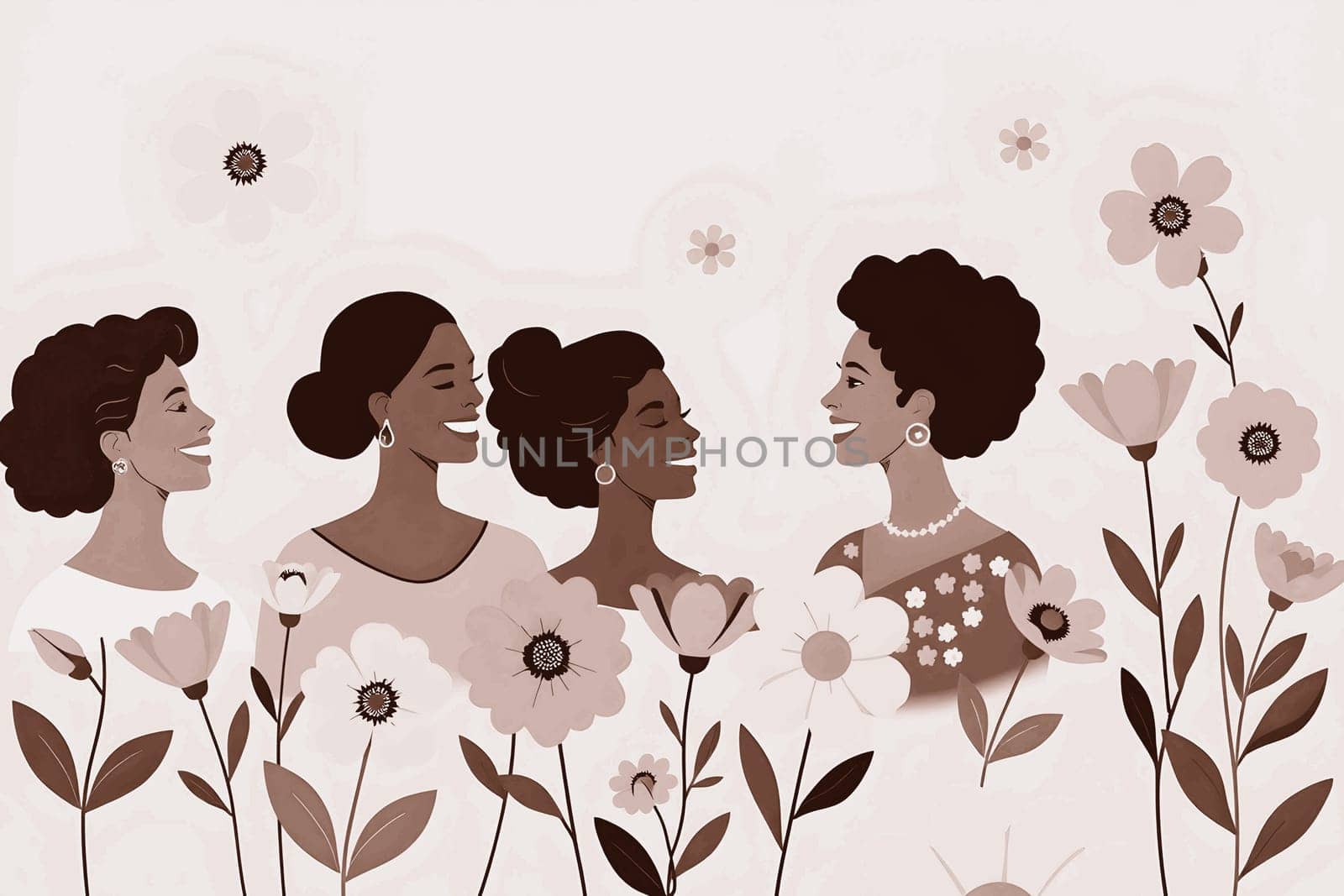 women flowers art illustration international women's day march 8, girlfriends sepia brown alt poster decor . High quality illustration