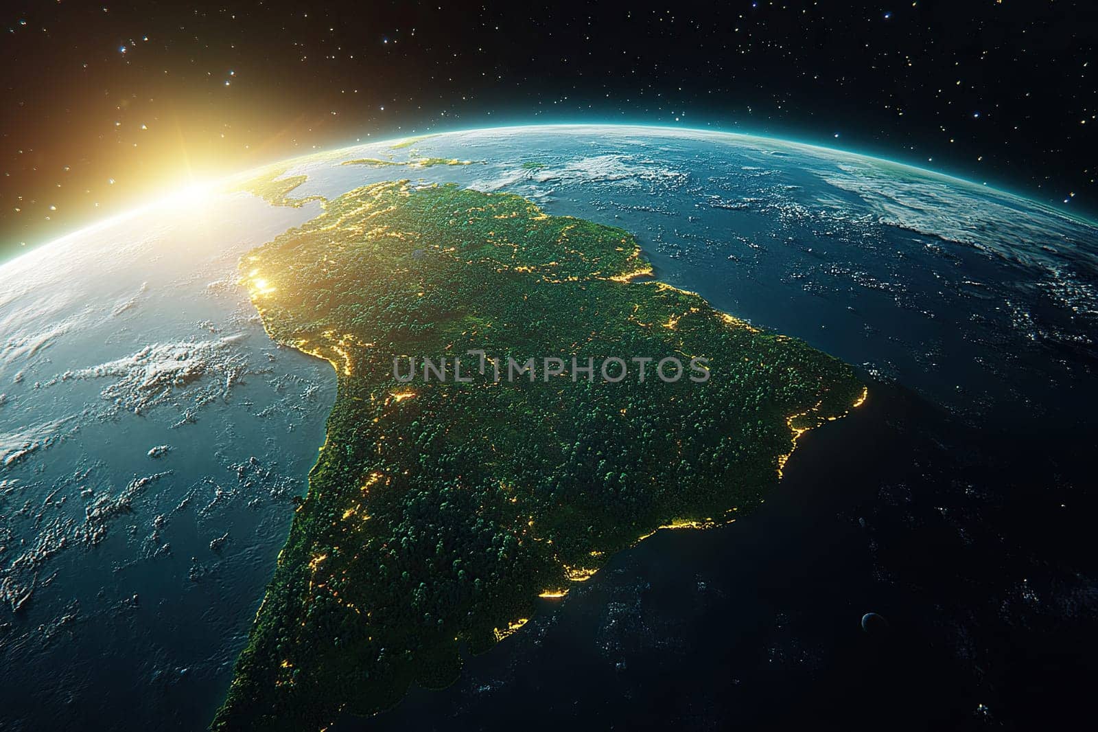 A realistic Earth with South America and the Amazon rainforest, emphasizing its scale on the planet. Highly detailed image of South America