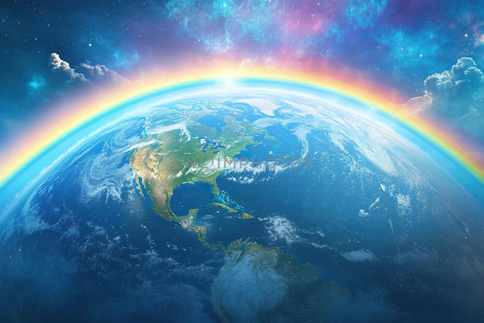 Rainbow shell around planet earth. Stars and clouds in the background.