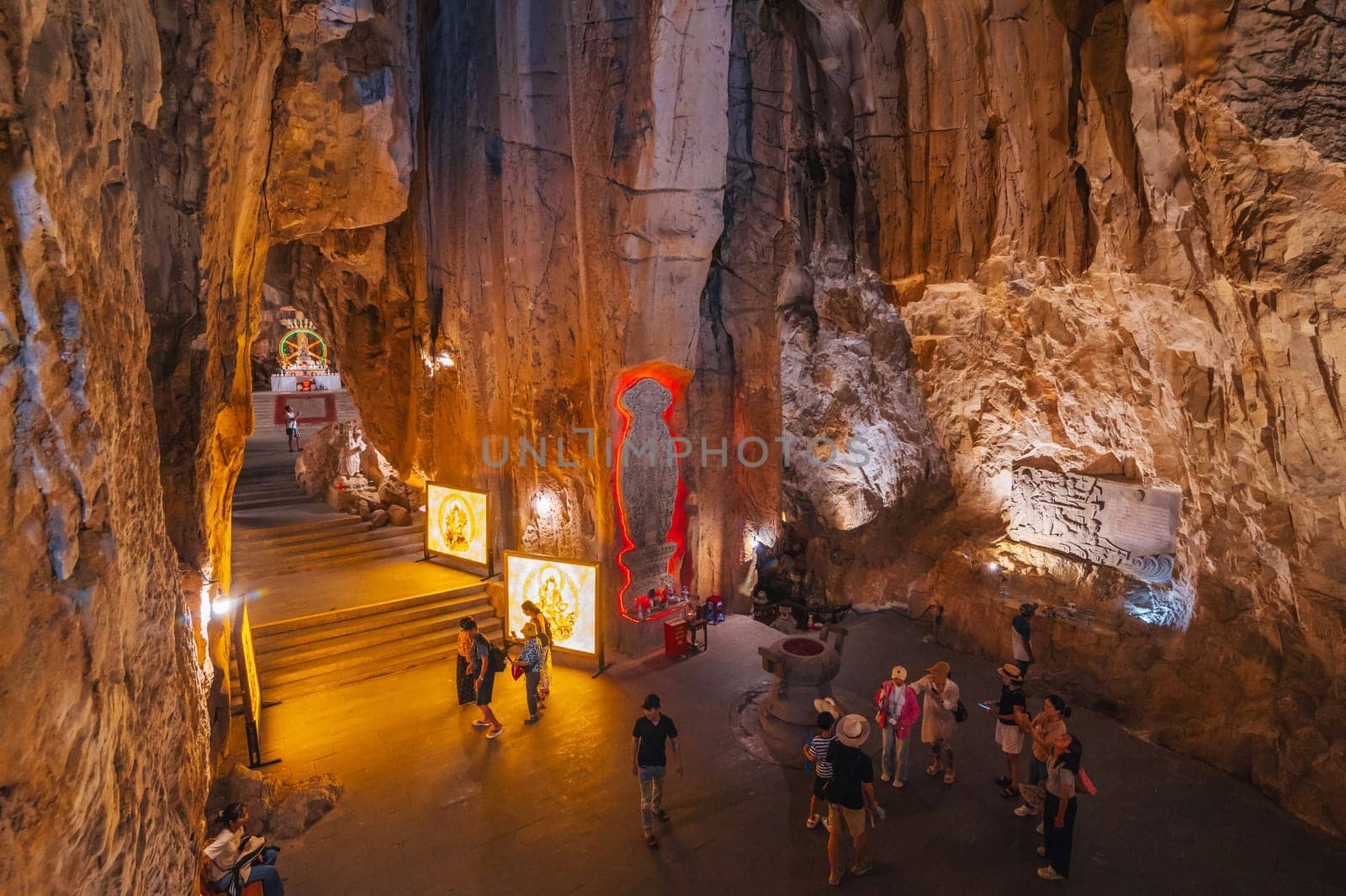 inside the Asian sacred temple in the Am Phu Cave in the Marble Mountains in Da Nang in Vietnam in Asia. DA NANG, Vietnam - September 12, 2024.