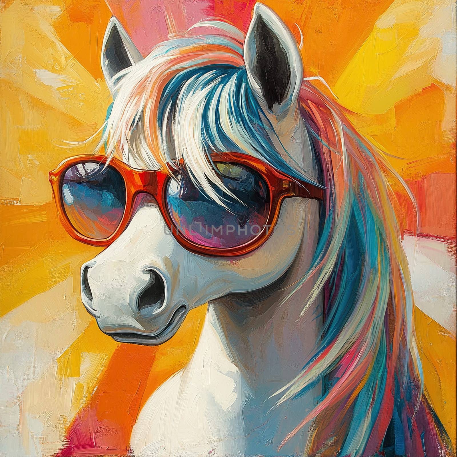 Children's toy pony with a colored mane and tail and sunglasses.