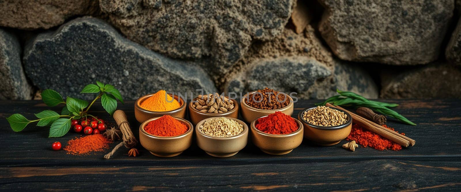 A variety of spices in bowls and herbs on wooden background. Food products and kitchen ingredients.