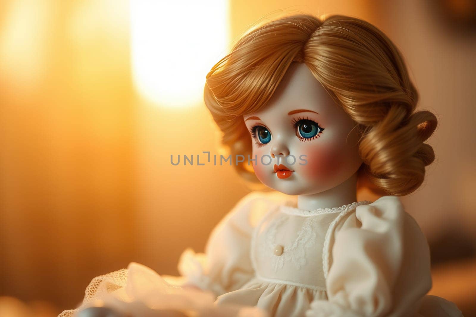 Close-up of a vintage doll against the blurry background of the room