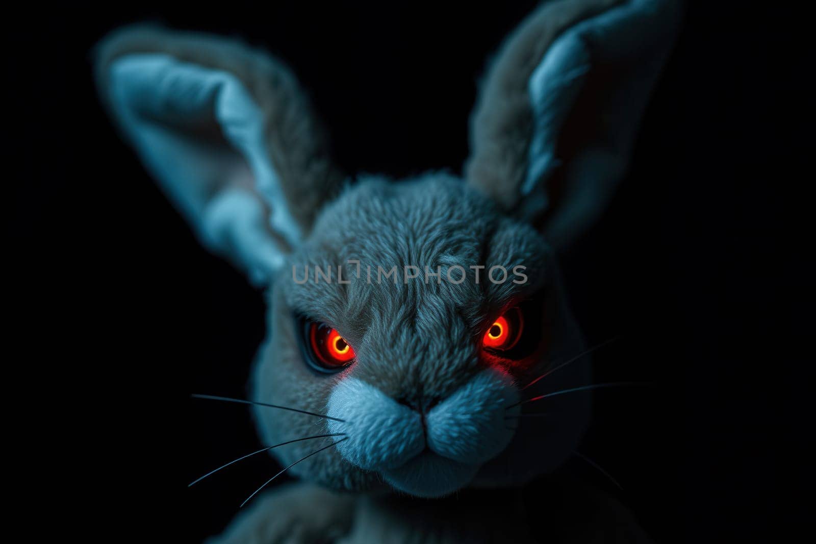 Ominous toy rabbit with red eyes on a black background
