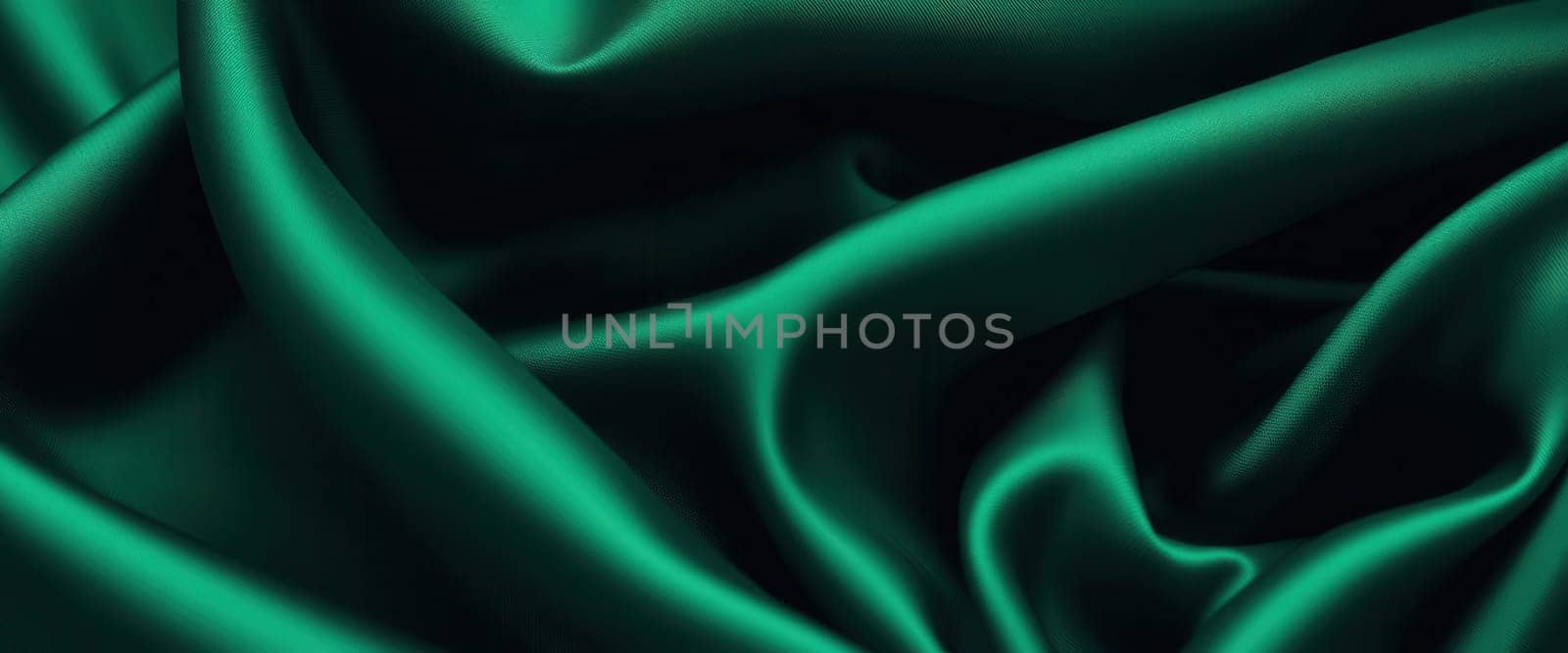 Close-up of green satin fabric, wide background
