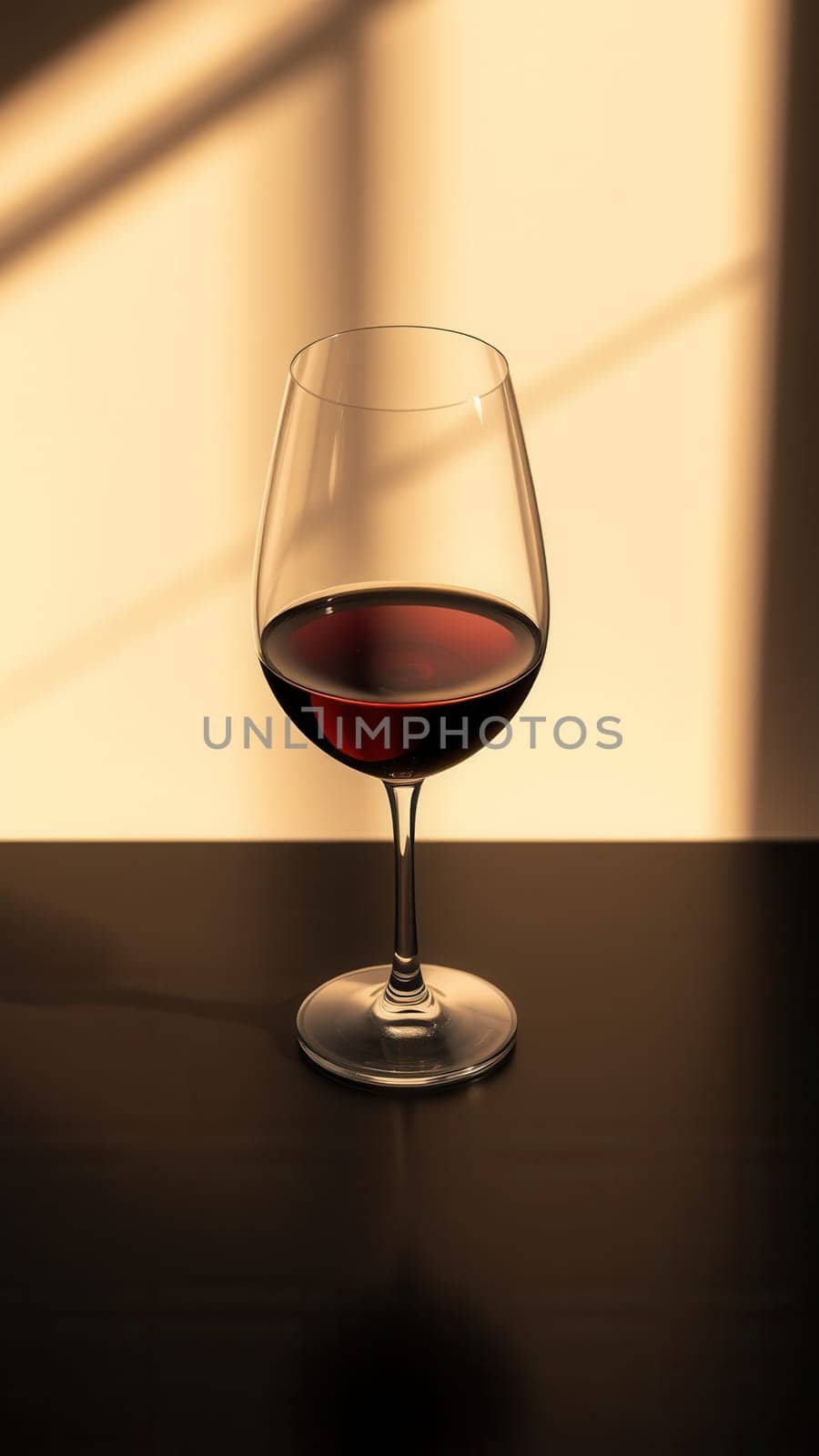 A glass of red wine on the table in the sunlight