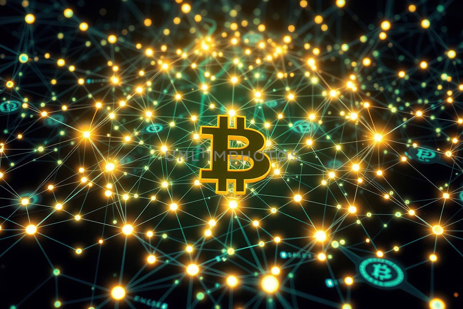Bitcoin cryptocurrency symbol on the network connection background