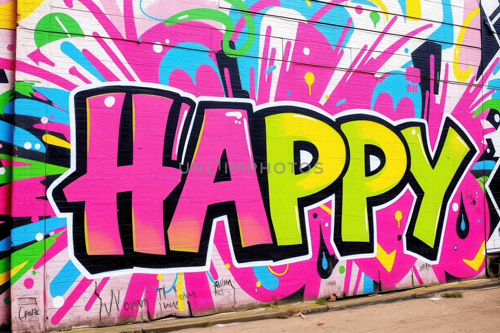 The word HAPPY in graffiti style on the wall