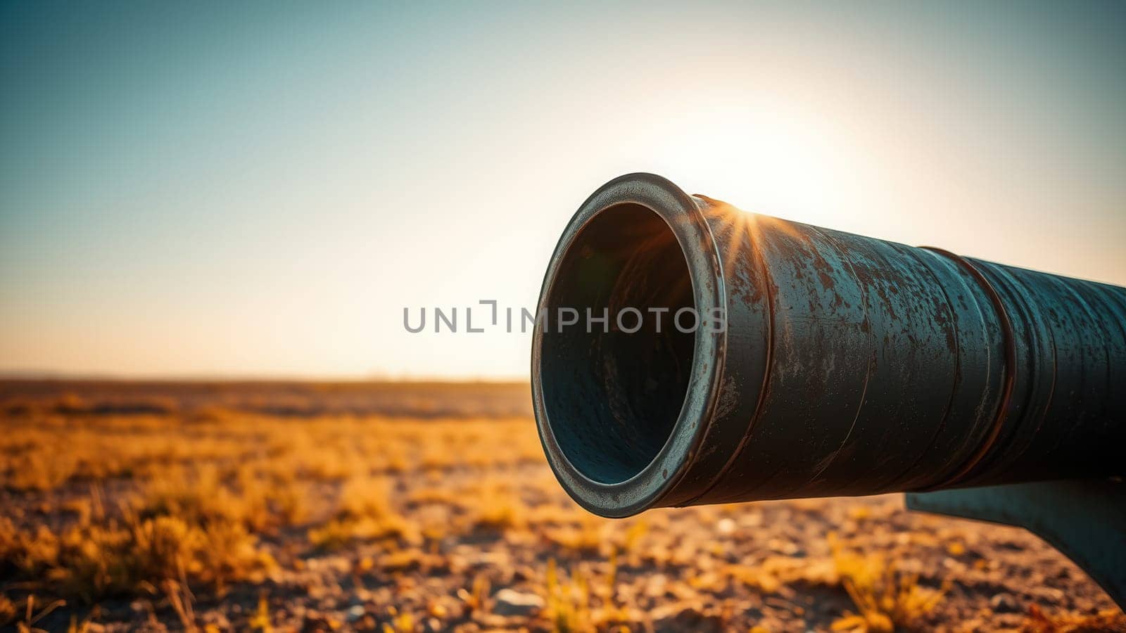 Close-up of an old water pipe in a field at sunset